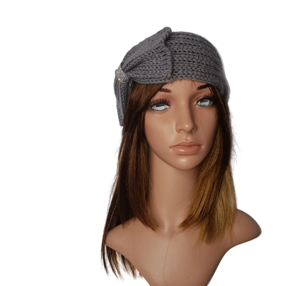 Gray Crochet Headband with Rhinestone Detail Bow